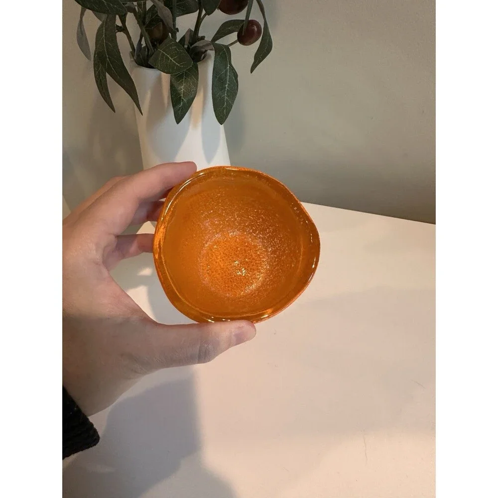 Mid Century Murano Style Orange Mottled Glass Mini Bowl Wavy Edge 3.5”